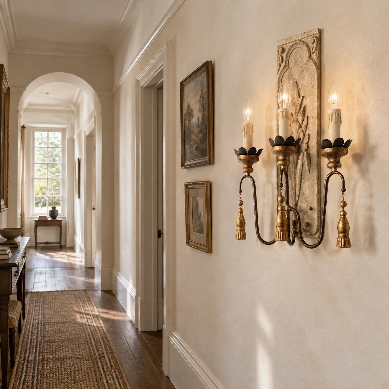 Camille triple-head wall light in a heritage corridor