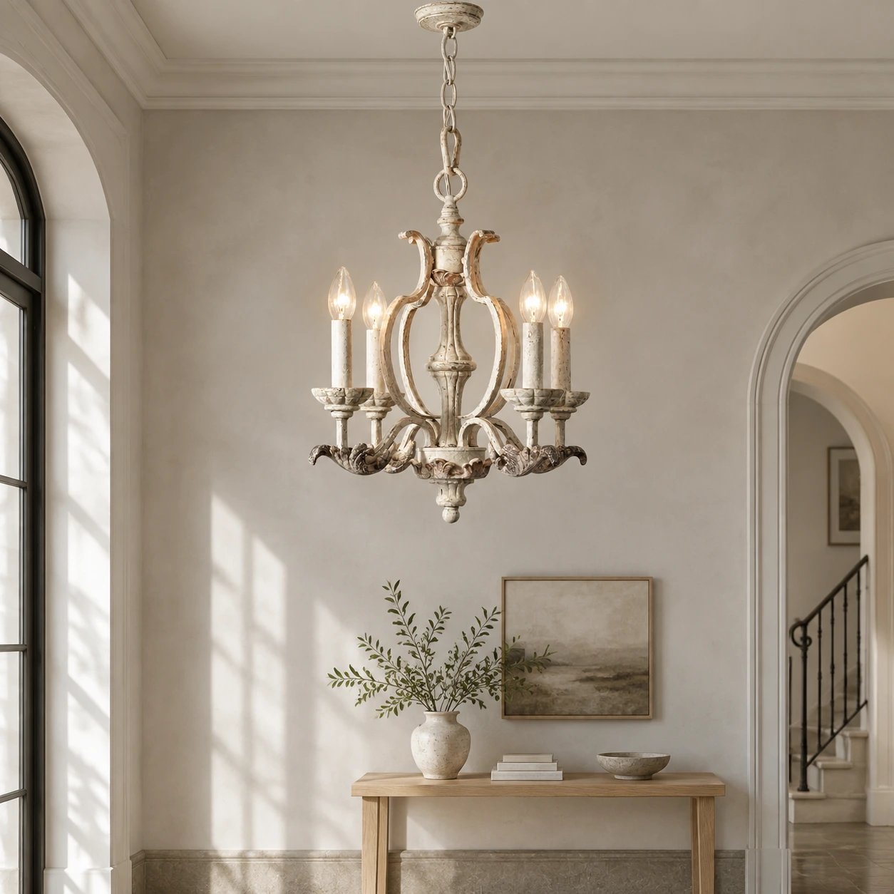 Vintage chandelier in a calm entryway