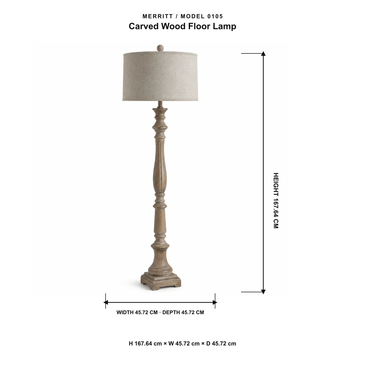 Merritt carved wood floor lamp dimensions: height 167.64 cm, width 45.72 cm, depth 45.72 cm