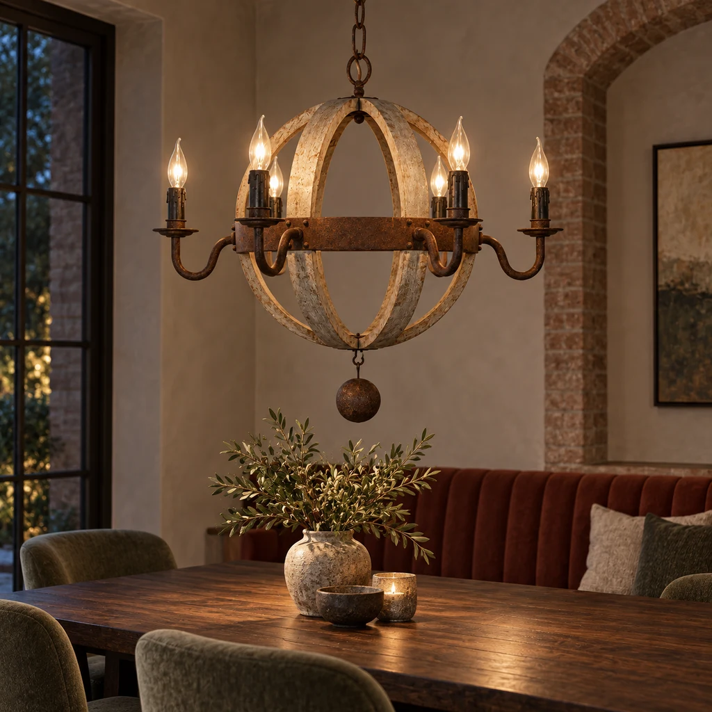 Elowen six-light orb chandelier illuminated in an evening boutique-hotel dining room