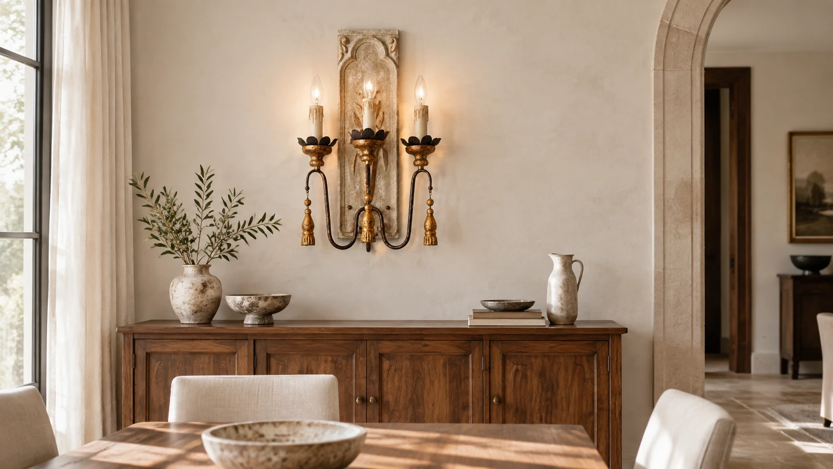 Camille carved wood candle wall light above a heritage dining sideboard