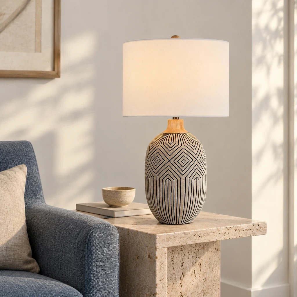 Merritt table lamp on a travertine reading ledge