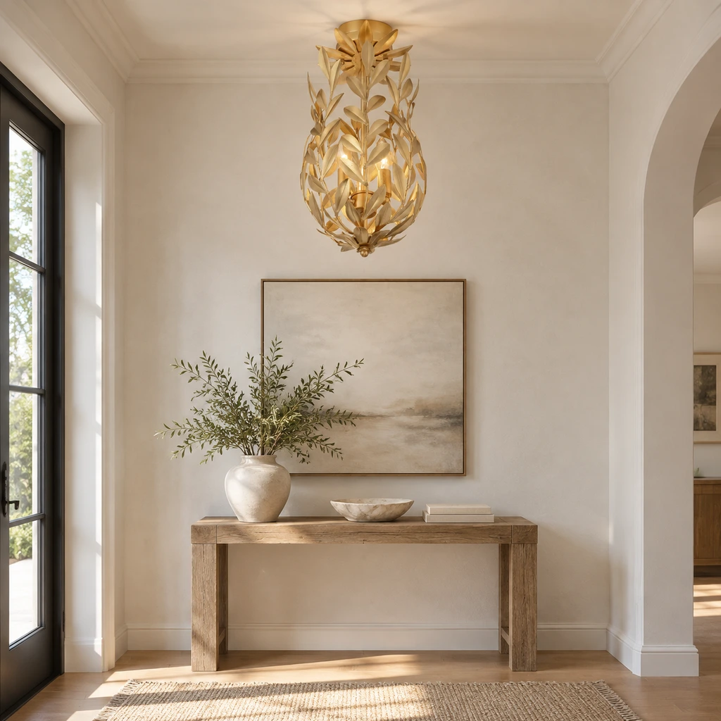 Aurelia leaf cage pendant light installed in an entry hall