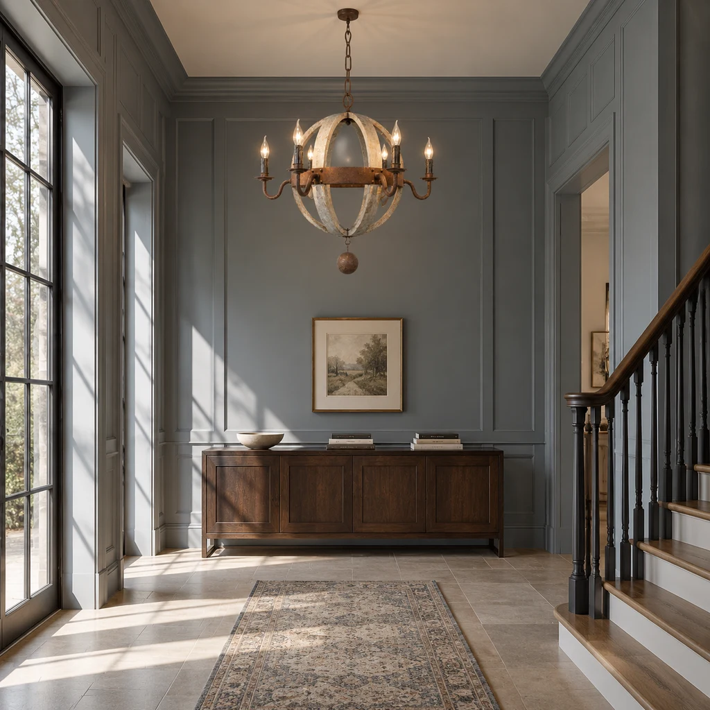 Elowen six-light orb chandelier mounted high in a smoke-blue stair hall