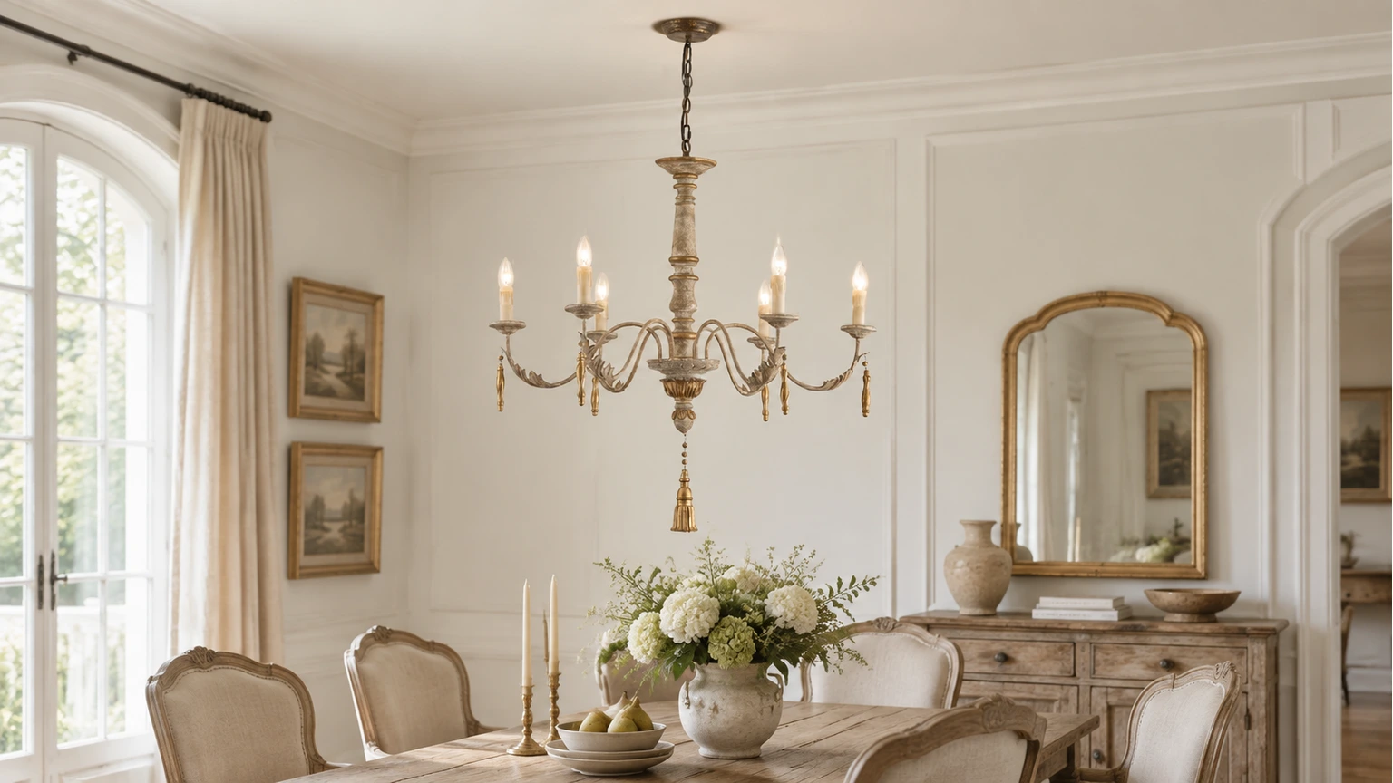 Colette six-light candle chandelier above a dining table in a bright French-country interior