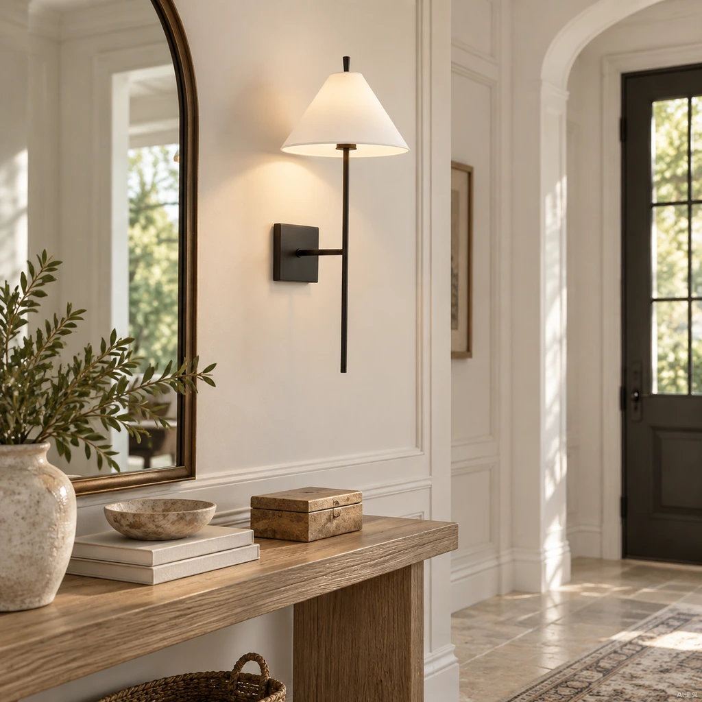 Matte black Marcel wall sconce installed above an entry console