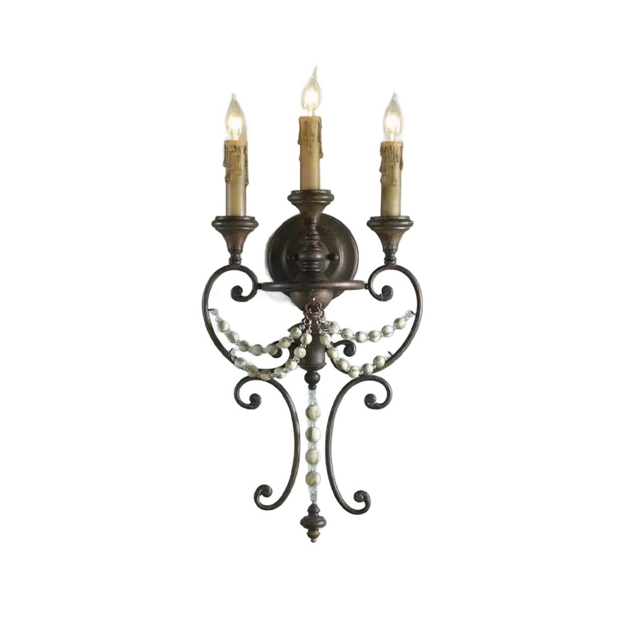 Full front view of the antique three-light beaded wall sconce