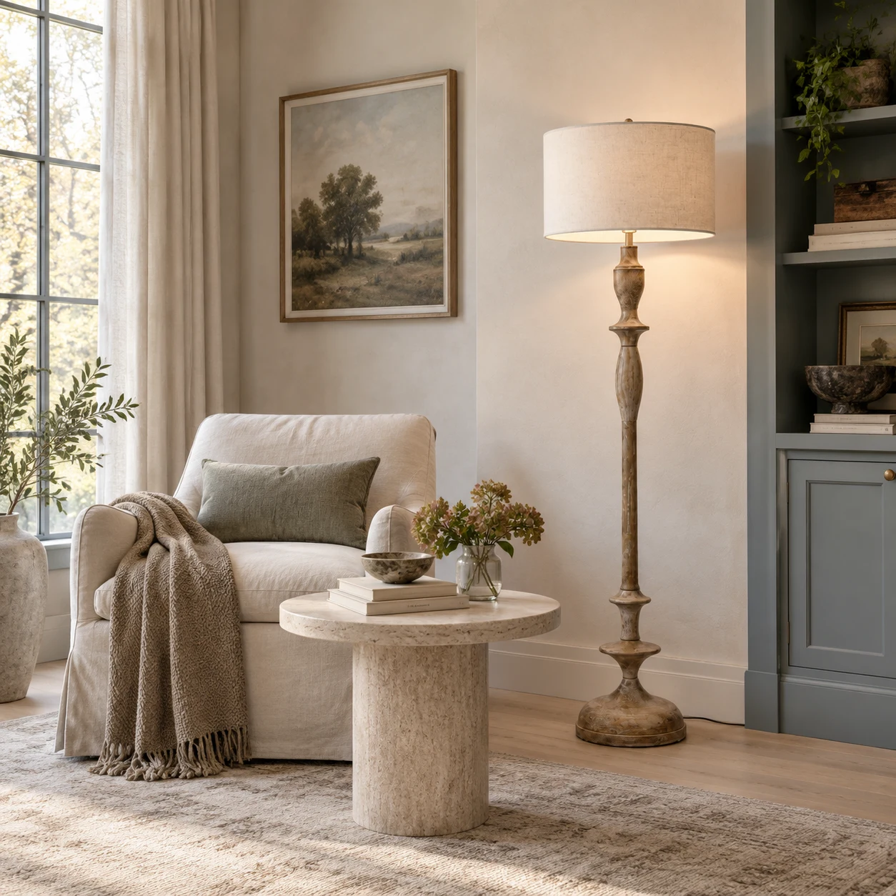 Antique-finish Camille floor lamp beside a linen reading chair