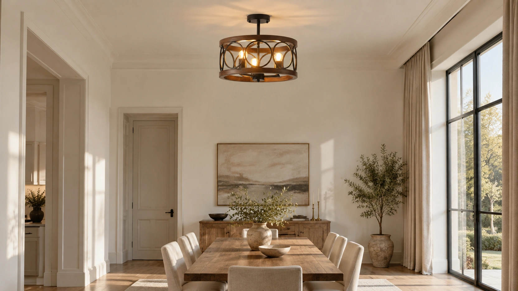 American Rustic Wood Lantern Ceiling Light in a high-ceiling dining room
