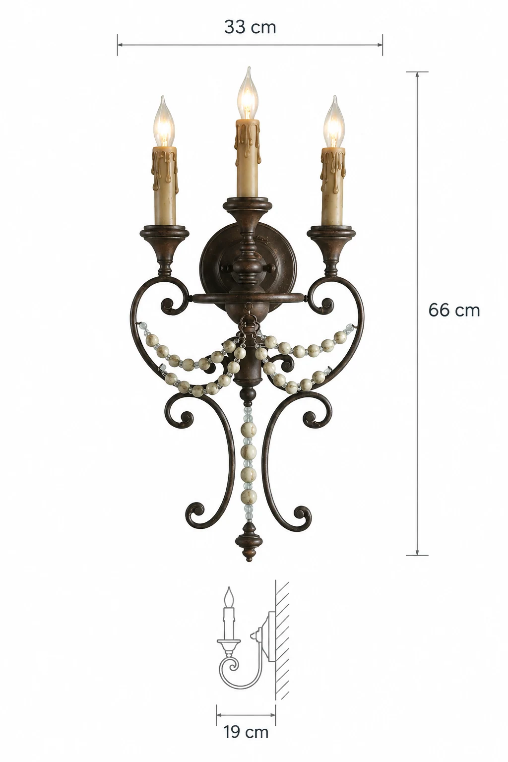 Dimension illustration showing 33 cm overall width, 66 cm overall height and 19 cm wall projection