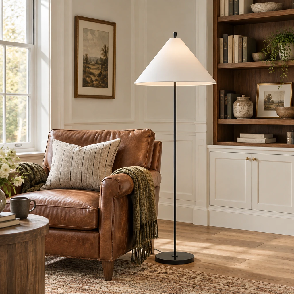 Matte black Clara floor lamp in a library reading corner