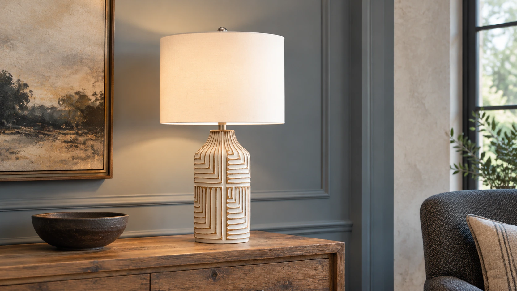 Odette table lamp on an oak console in a restrained smoke-blue living room