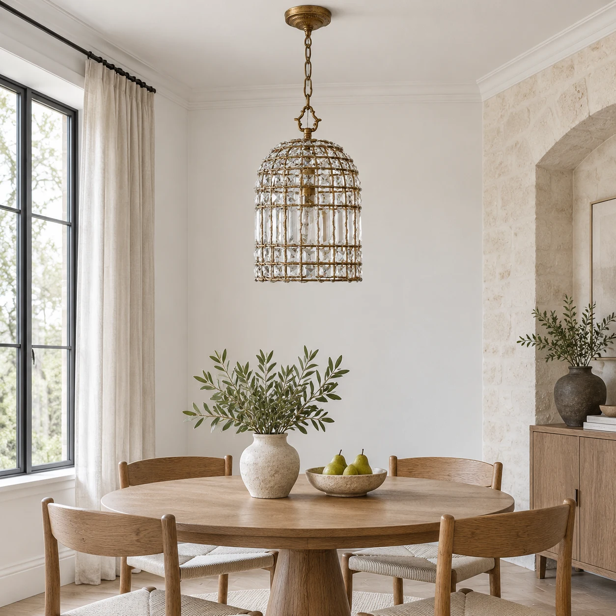 Clara crystal cage pendant above a compact dining table