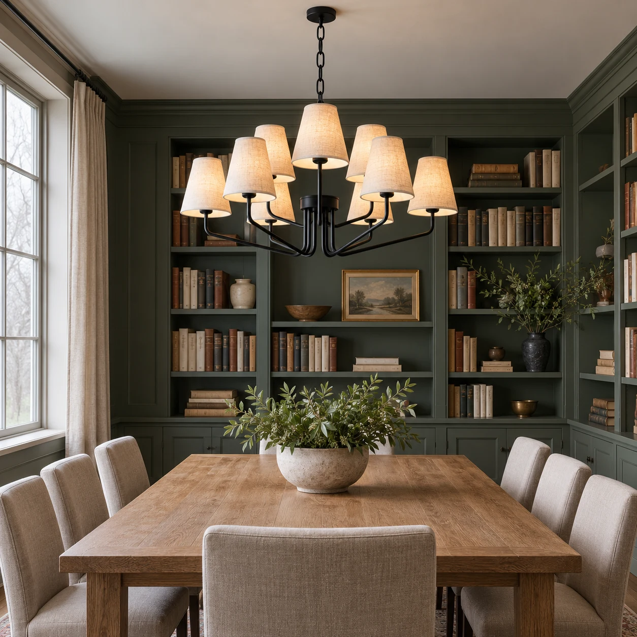 Lucia nine-light chandelier above a residential library table