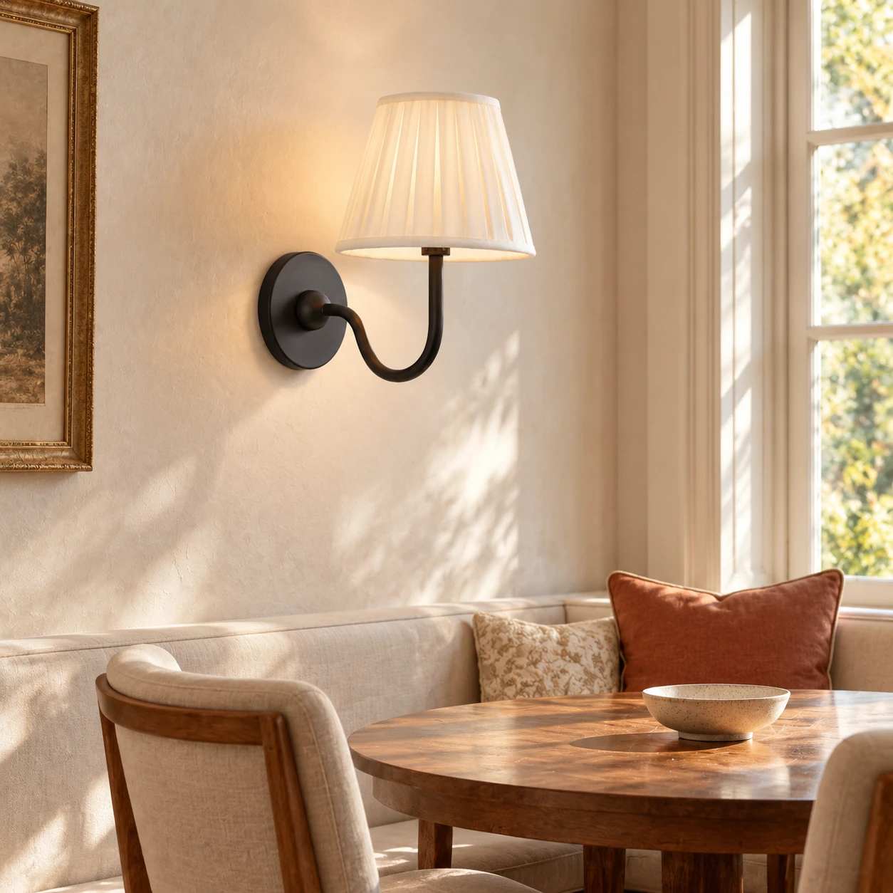 American Rustic Fabric Light in a compact dining room above a timber table with pale mineral plaster