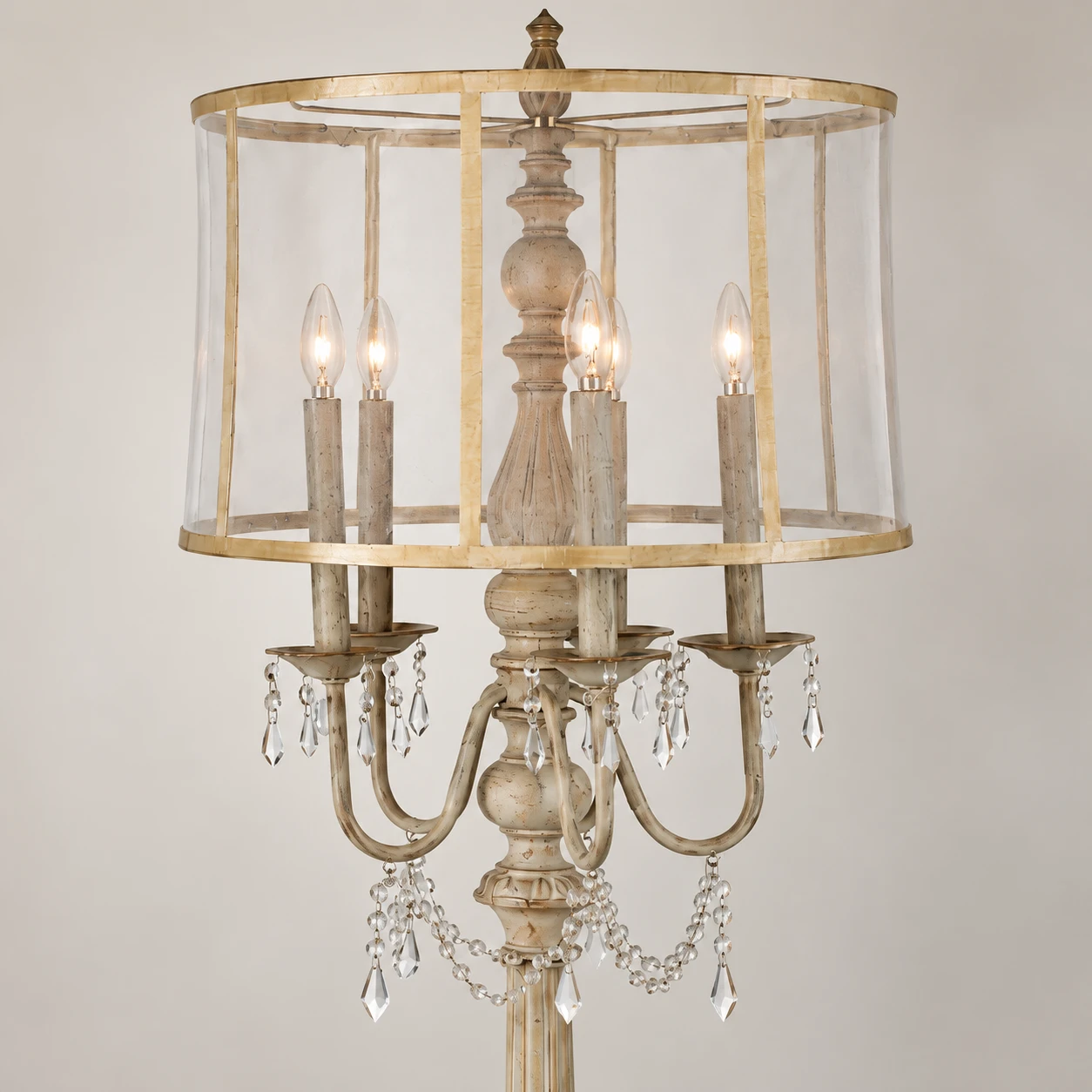 Translucent shade, five light heads, and crystal pendant detail