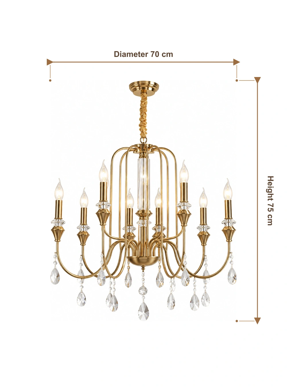 Eight-head crystal chandelier dimensions showing 70 cm diameter and 75 cm height
