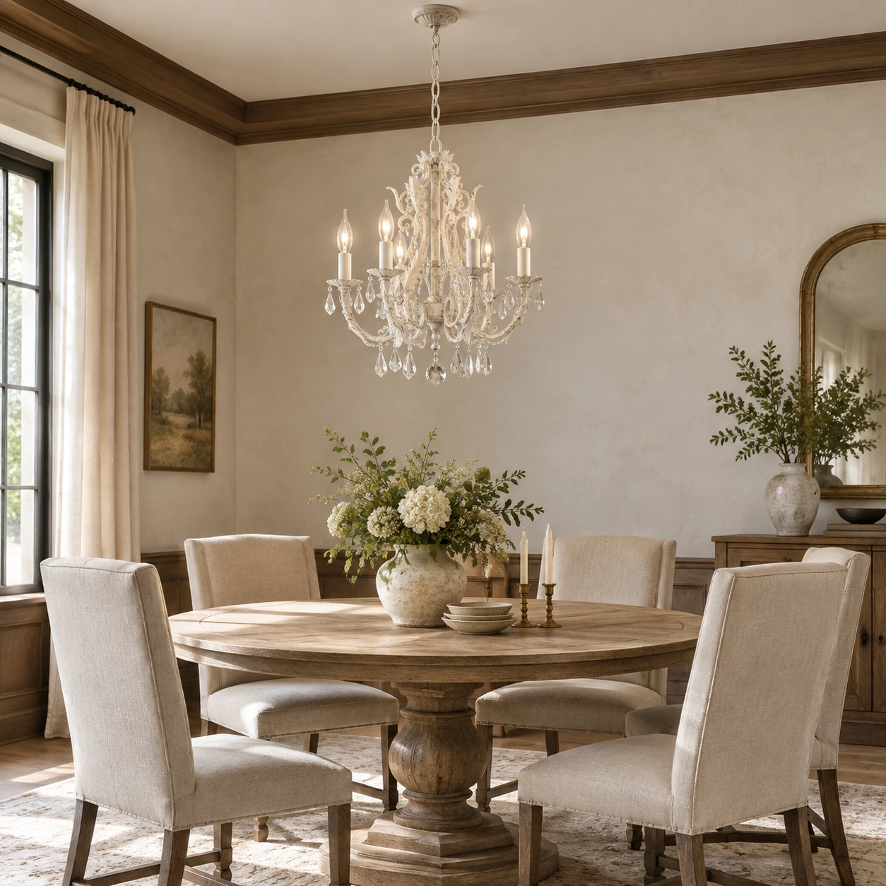 White six-head crystal chandelier above a dining table