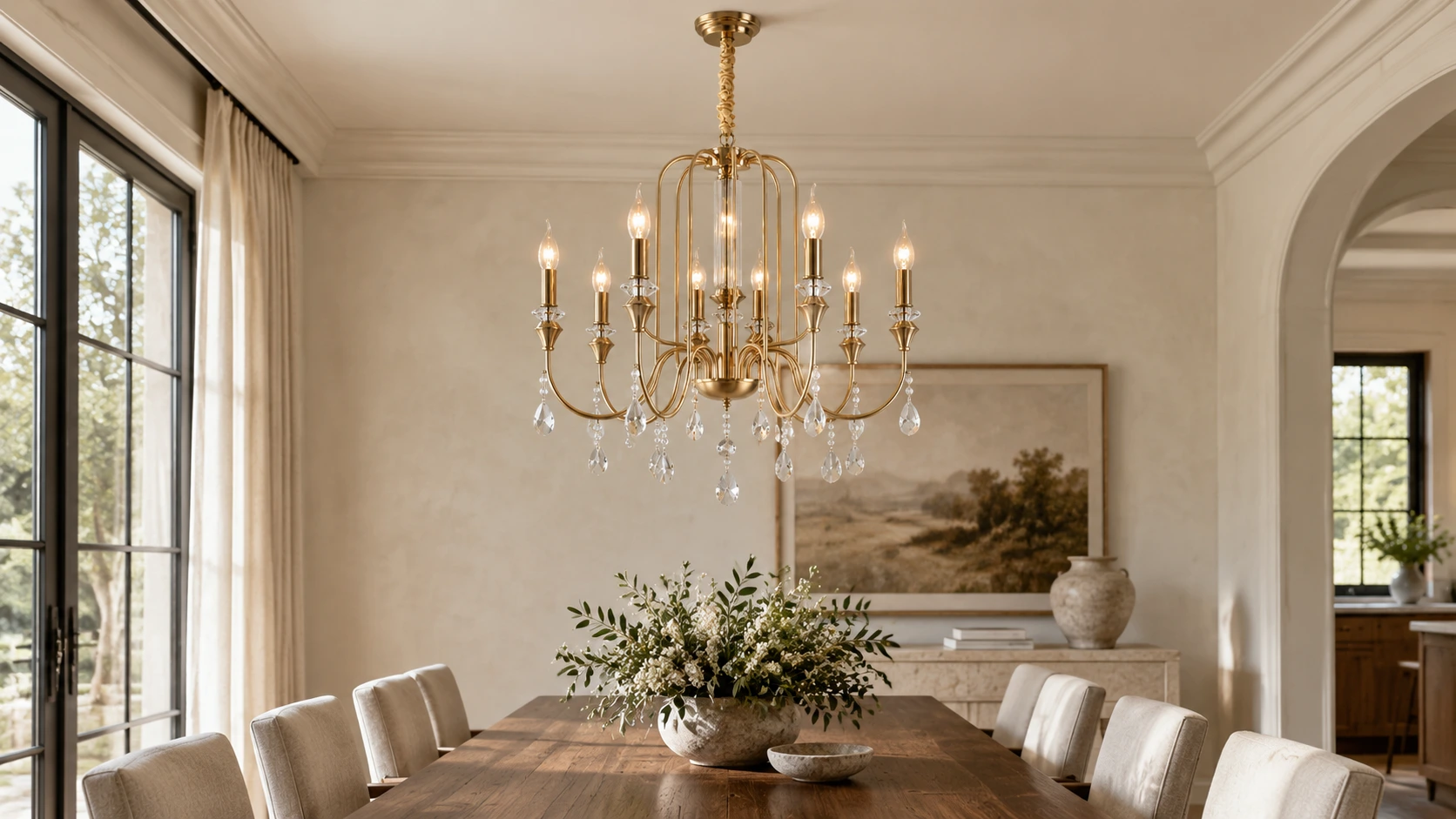 White eight-head crystal chandelier above a walnut dining table