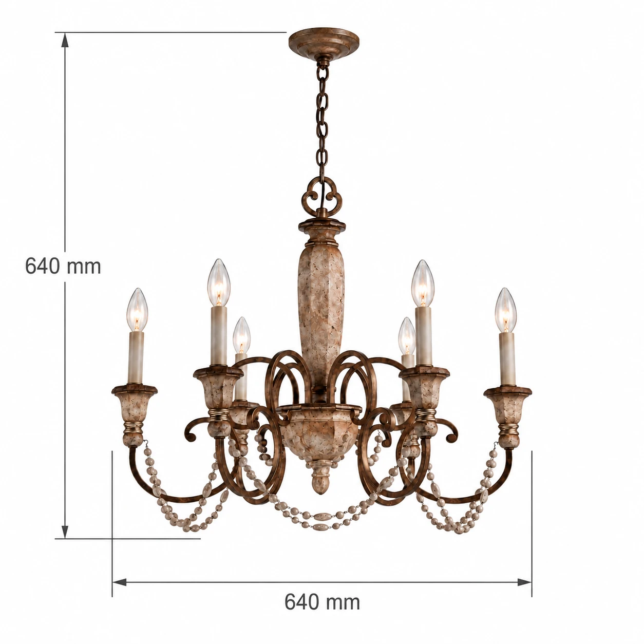 Clara six-light chandelier dimensions: 640 mm overall height and 640 mm diameter