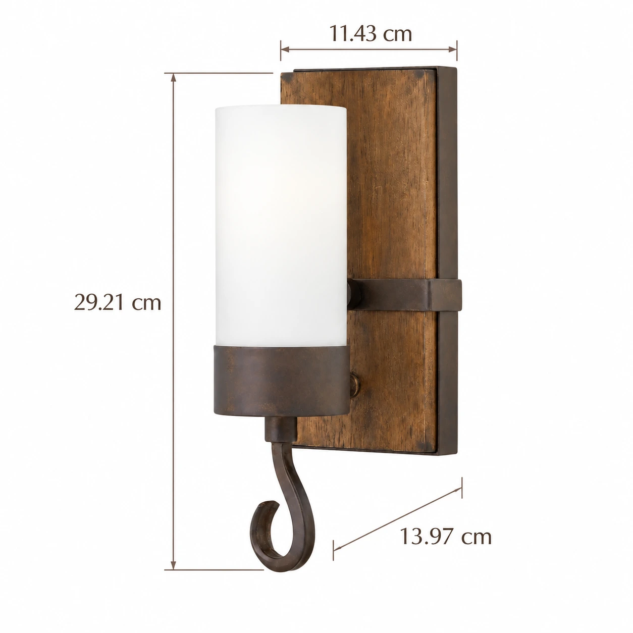 Wall sconce dimension diagram showing 29.21 centimetre height, 11.43 centimetre width and 13.97 centimetre depth
