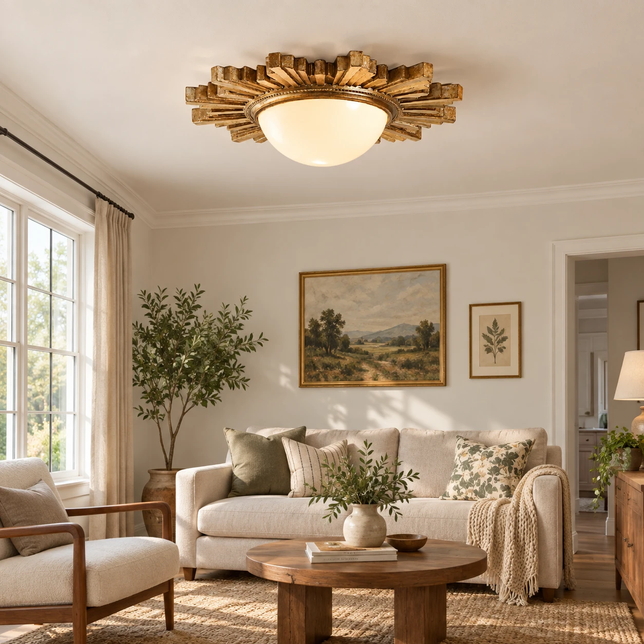 Elodie French Crystal Wood Ceiling Light in a residential interior
