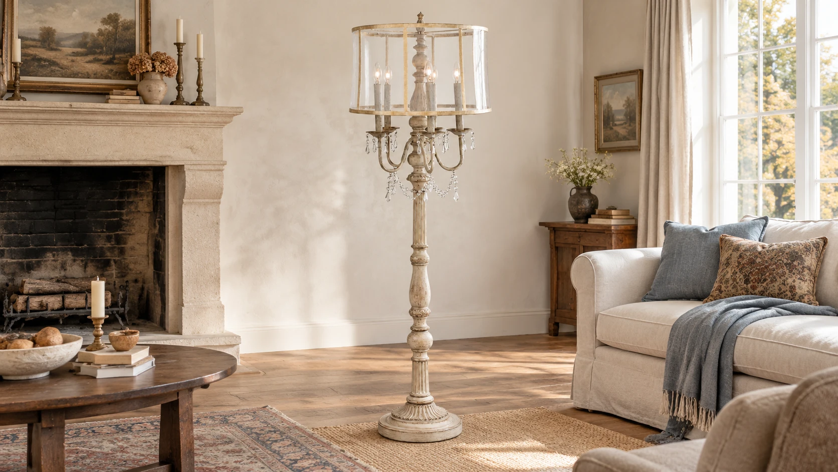 Evelyn vintage five-light carved wood floor lamp in an American Rustic living room