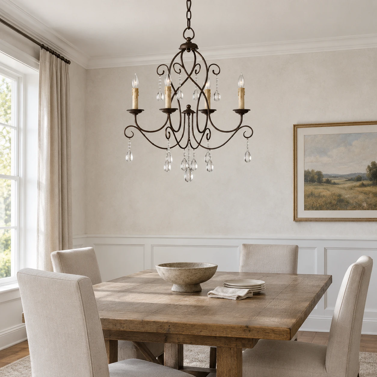 Chandelier centered above a dining table in neutral daylight