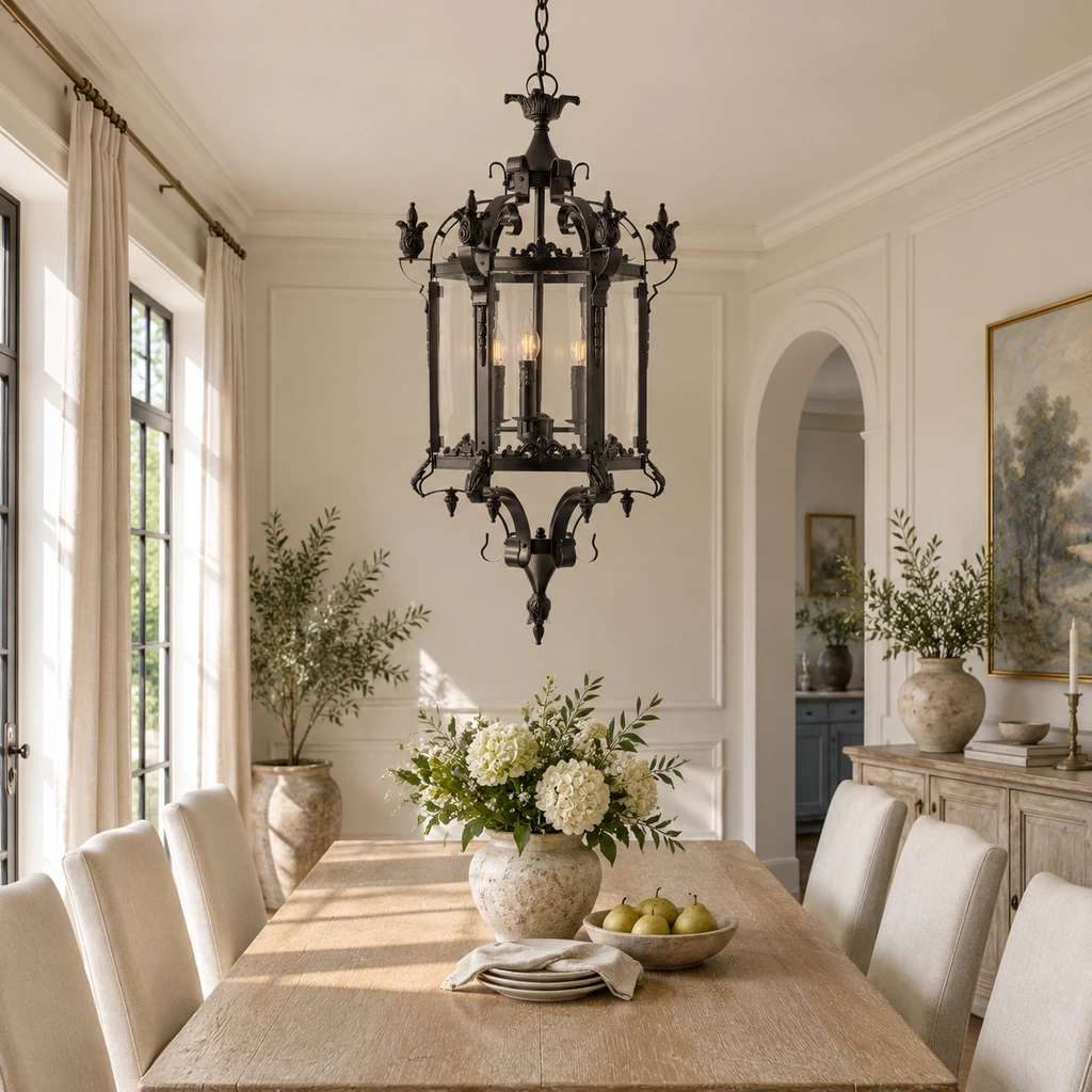 Celine large glass lantern chandelier installed above a dining table