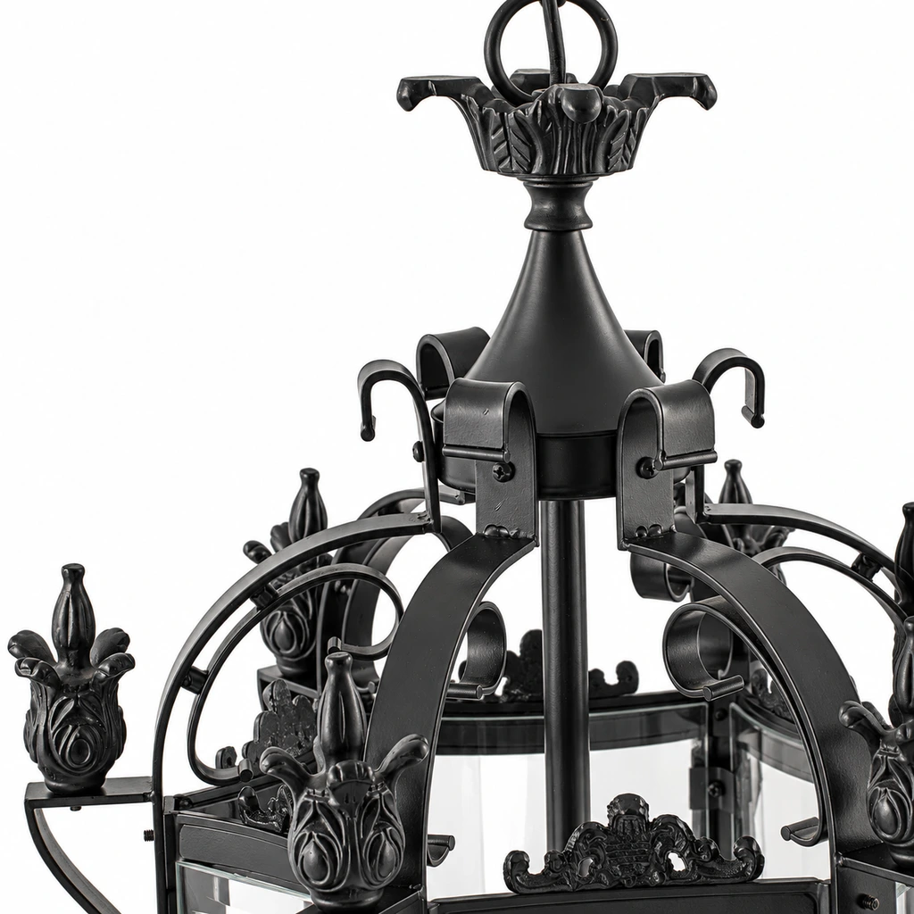Close view of the Celine matte-black iron lantern frame