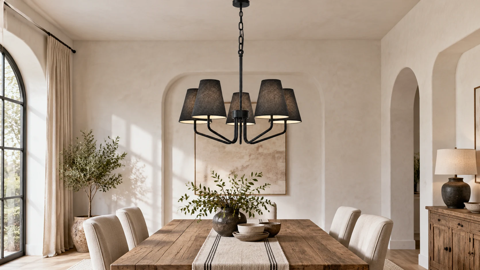 Lucia five-light branching iron chandelier in a bright dining room