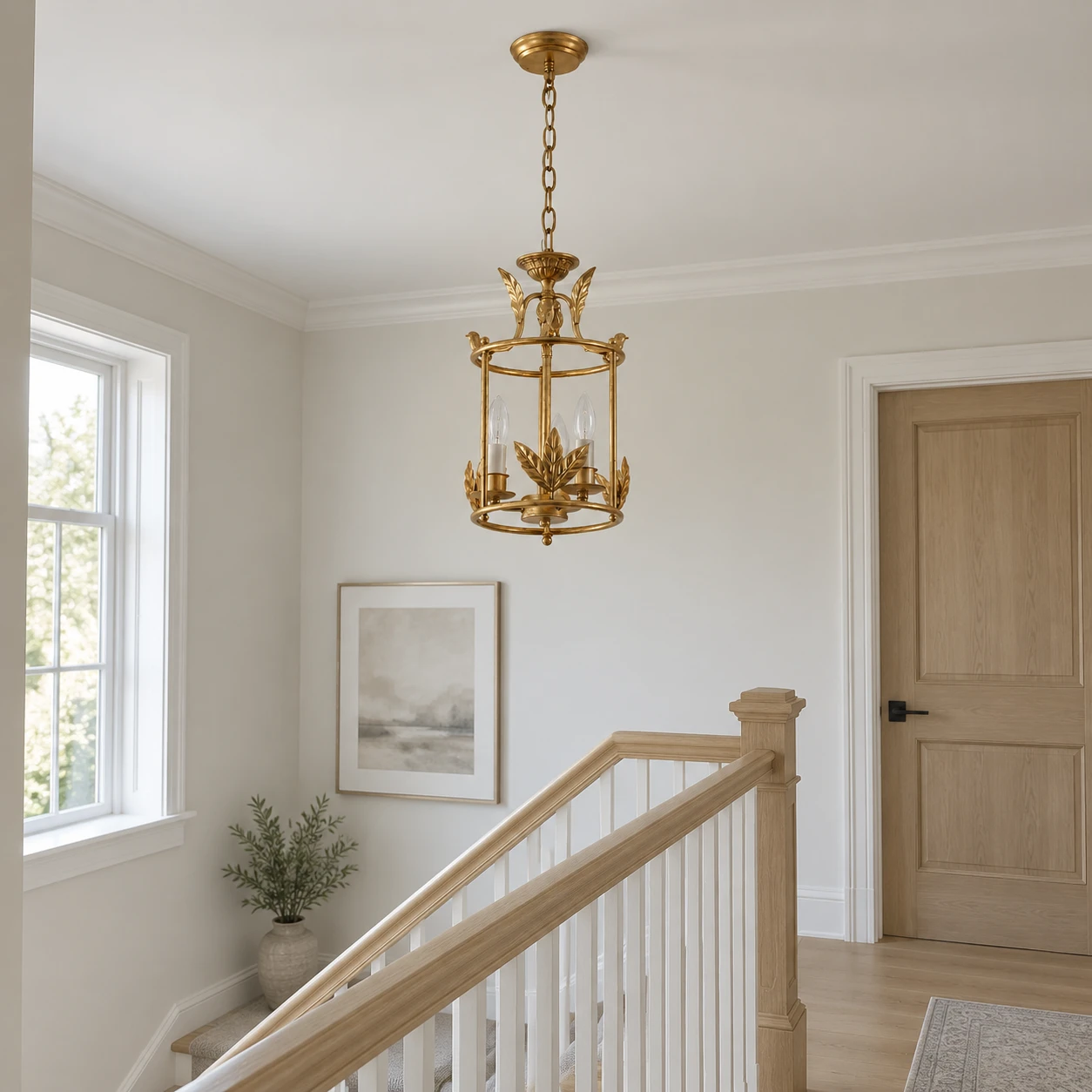 Margot three-light cage chandelier in a residential stair landing