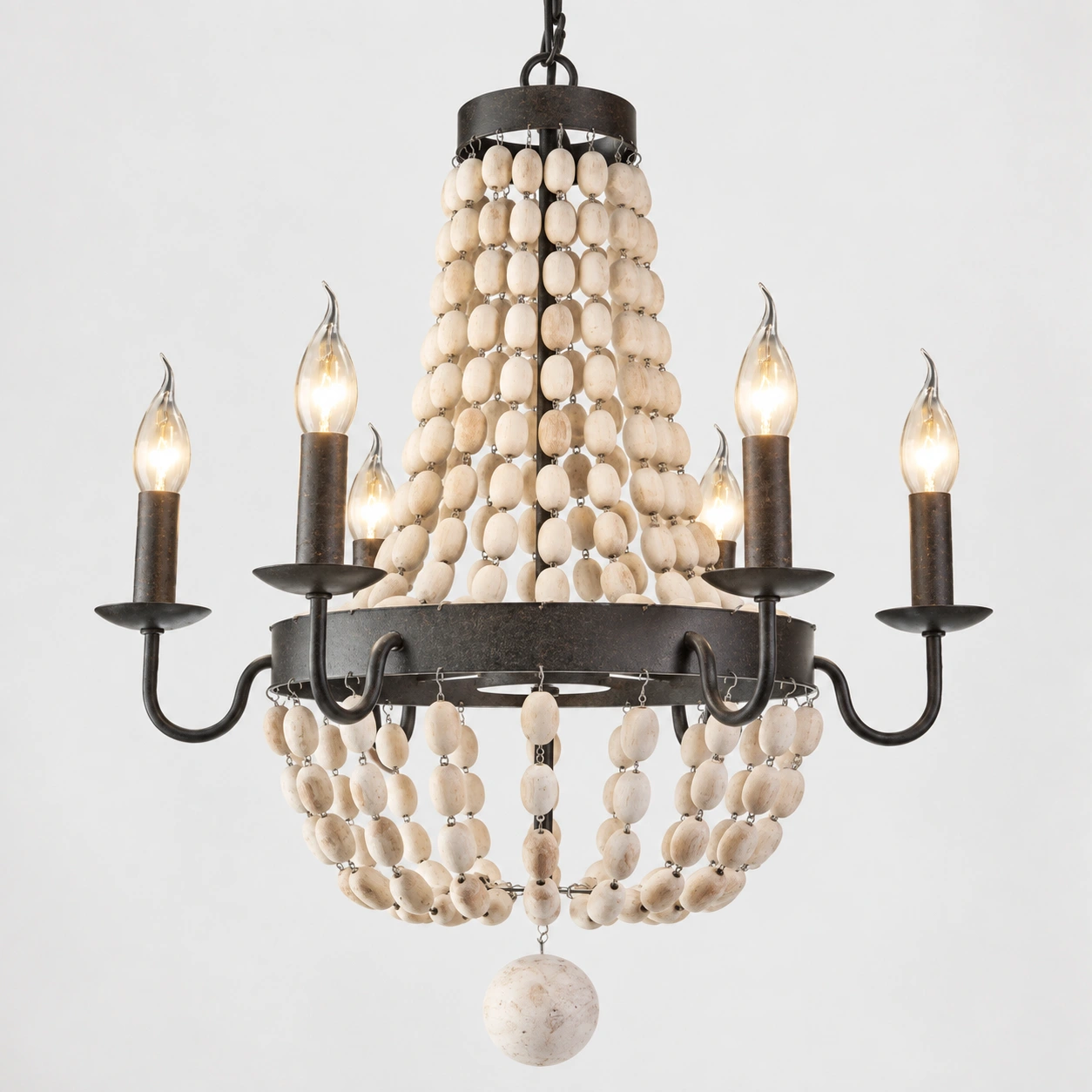 Natural wood beads and aged iron frame detail