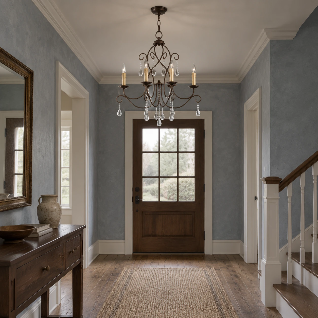 Chandelier placed in an entry hall with blue-gray walls