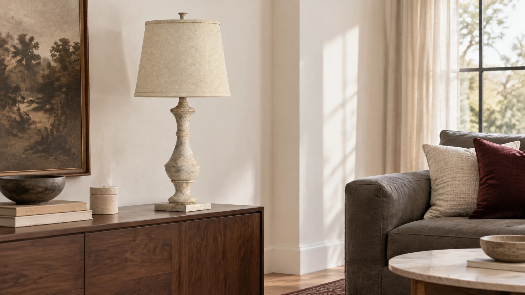 American rustic carved wood table lamp in a residential interior