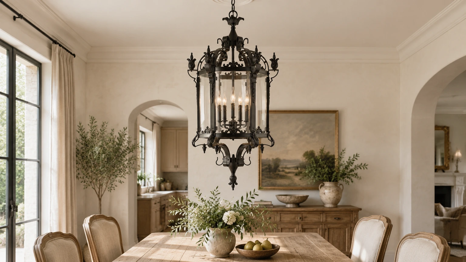 Celine matte-black glass lantern chandelier above a dining table in a bright French-inspired room