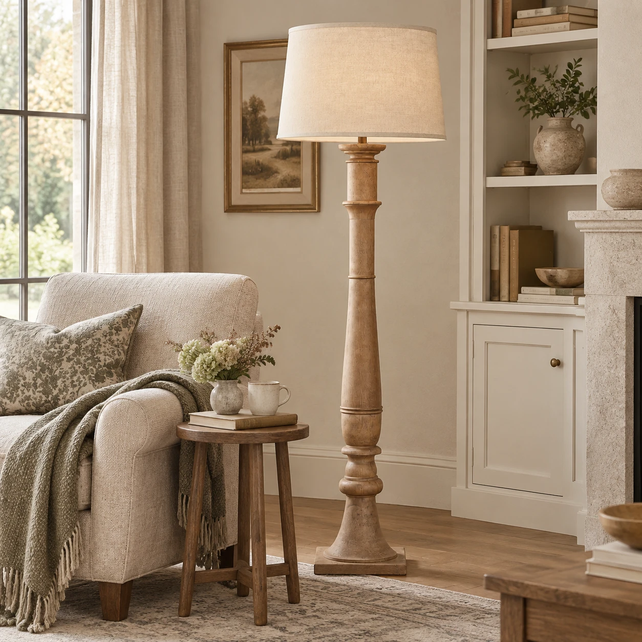 Carved wood floor lamp beside a reading chair in a residential living room