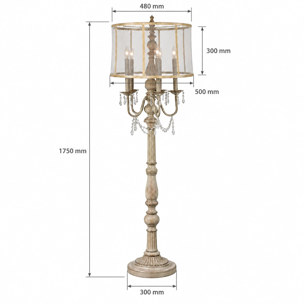 Evelyn floor lamp dimensions: 1750 mm overall height and 500 mm maximum shade diameter