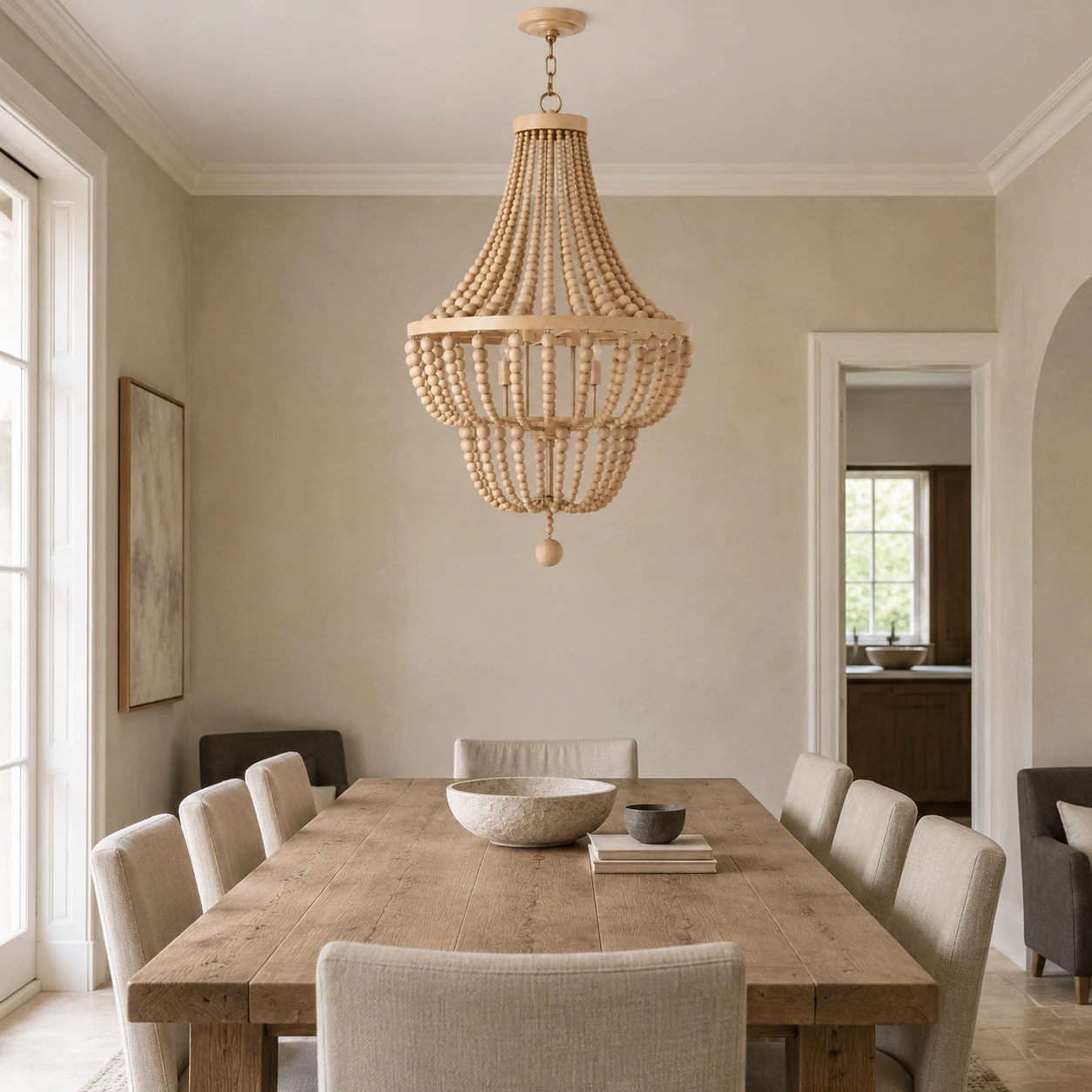 Elena Layered Wood Bead Chandelier in a home interior