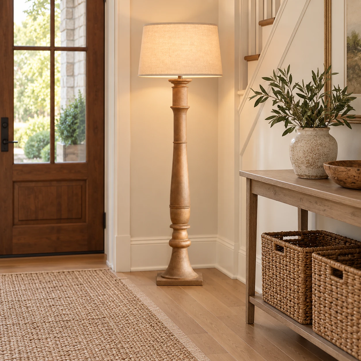 Carved wood floor lamp beside a console in a residential entry hall