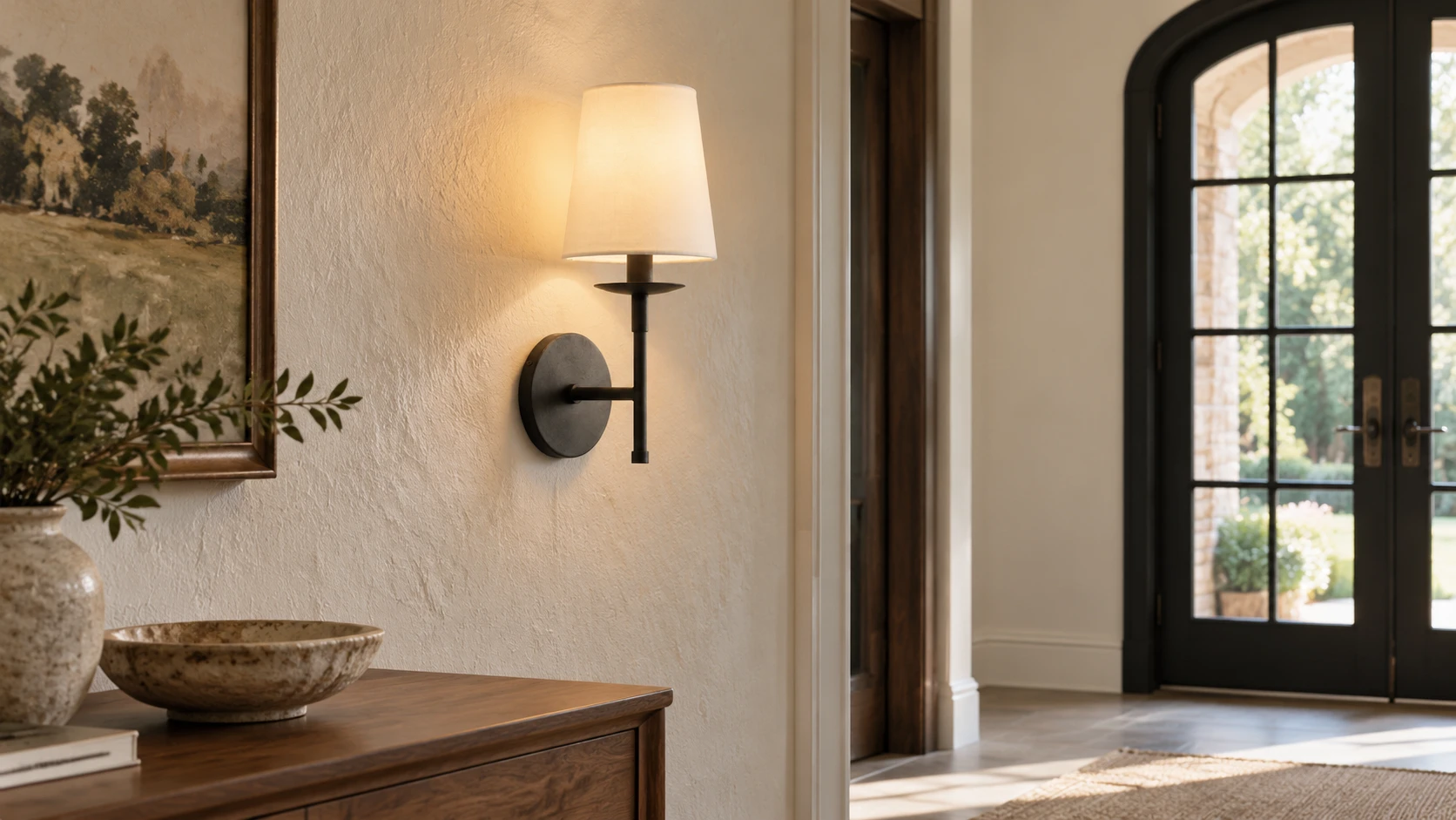 Black wall sconce installed in an American Rustic entry passage