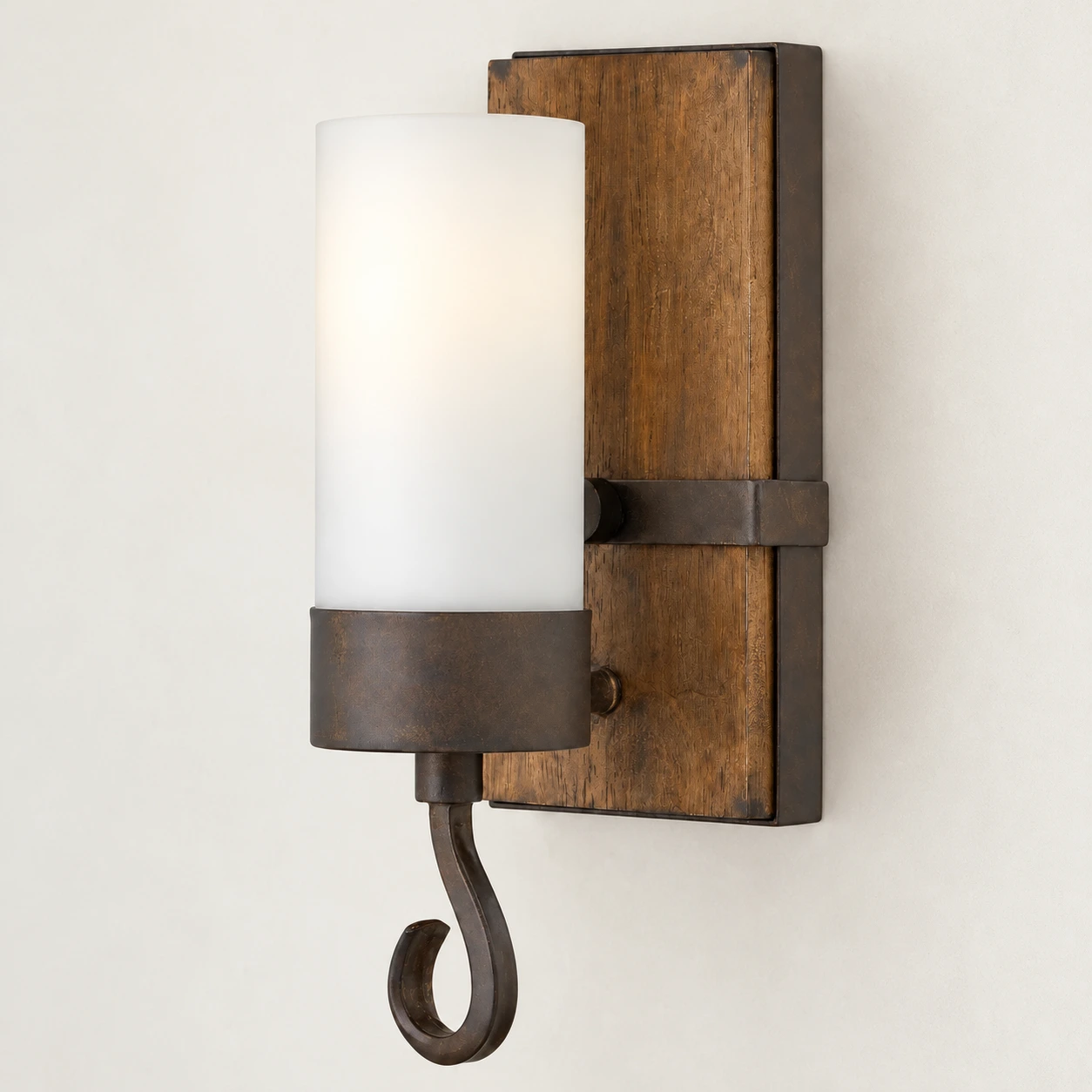 Close detail of the frosted cylindrical shade and dark metal collar
