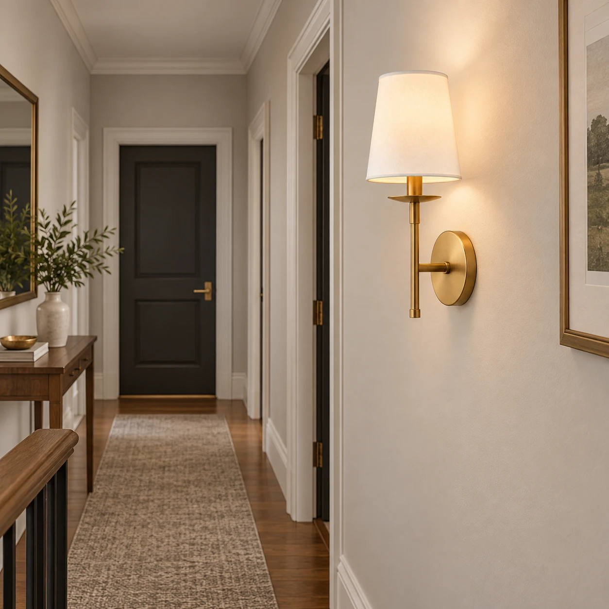Gold wall sconce installed on a hallway wall