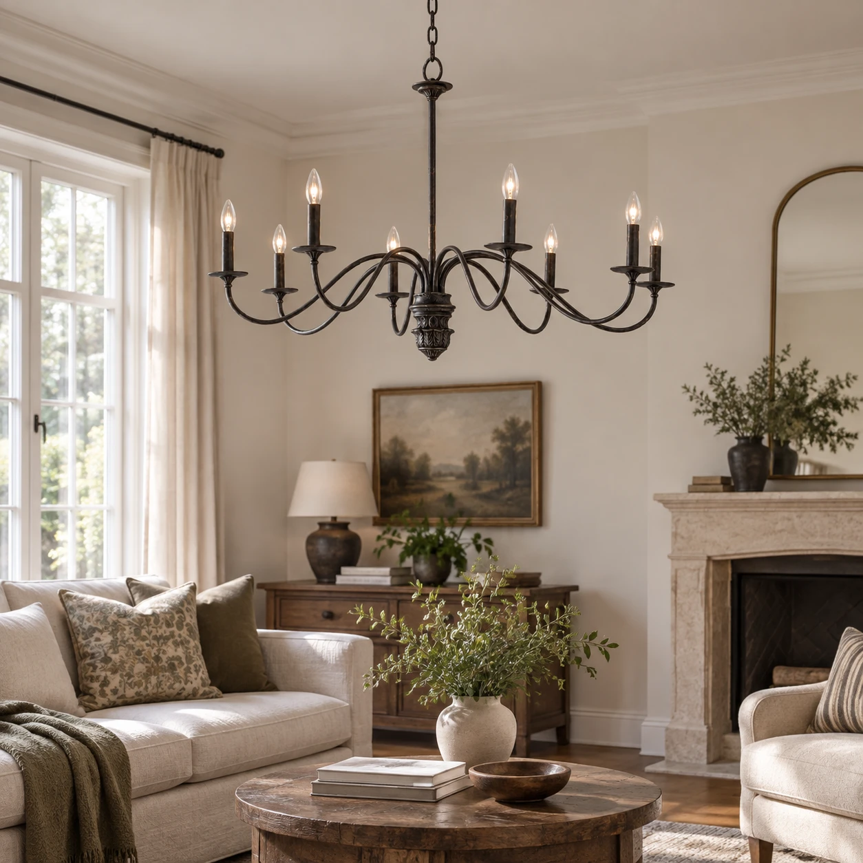 Avery Vintage Carved Wood Chandelier in a residential interior