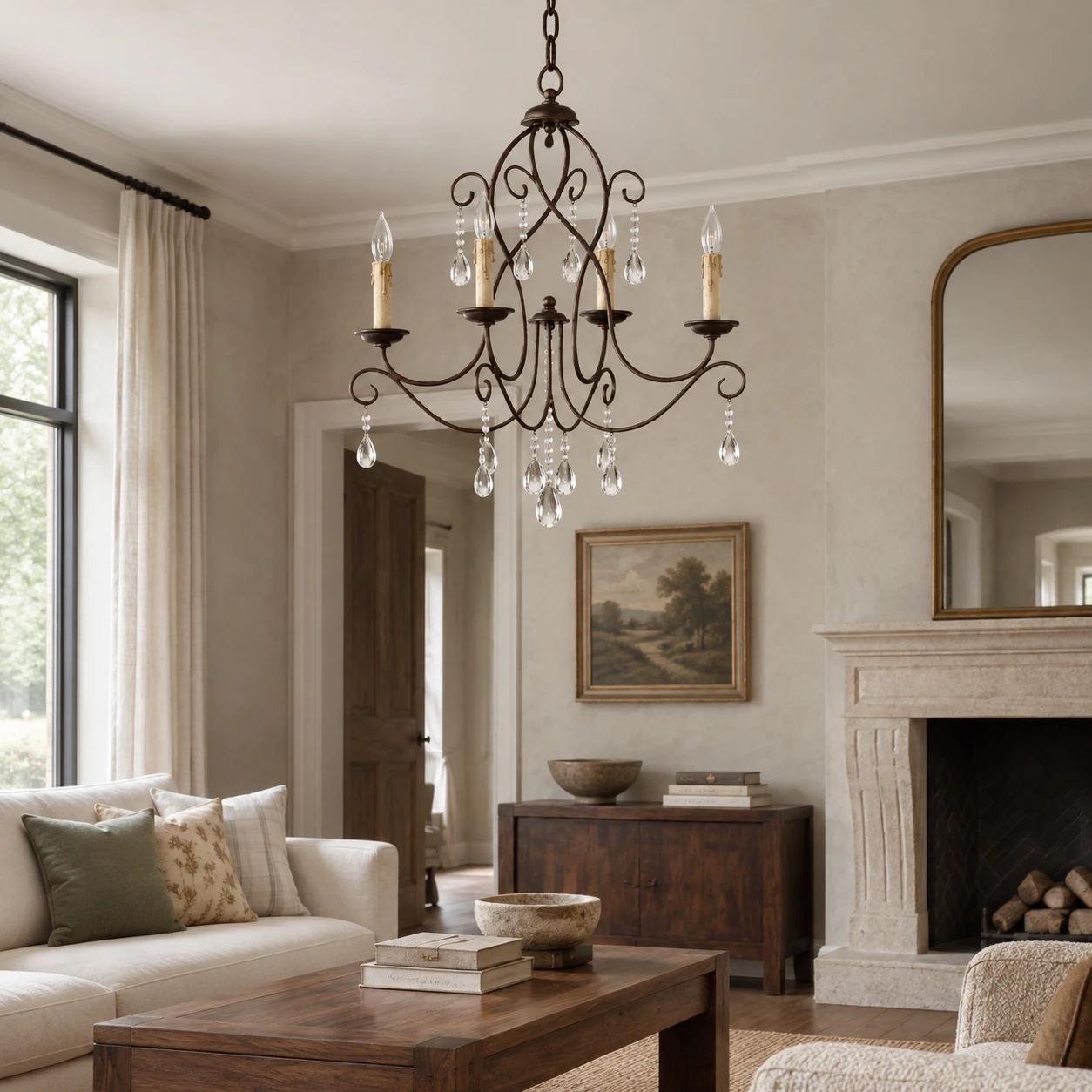 Chandelier installed in a traditional living room with plaster and walnut