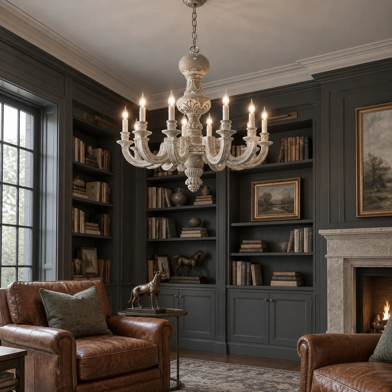 Eight-light wood chandelier in a charcoal library