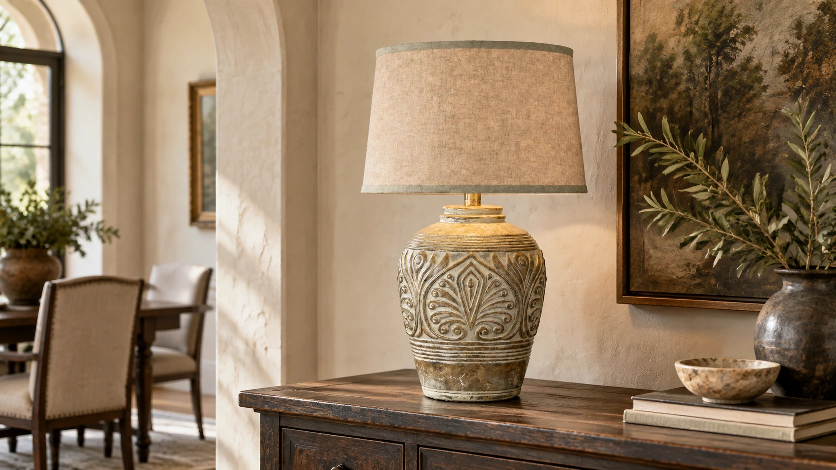 Elena Vintage Carved Wood Table Lamp on a dark aged-wood console in a refined vintage dining room