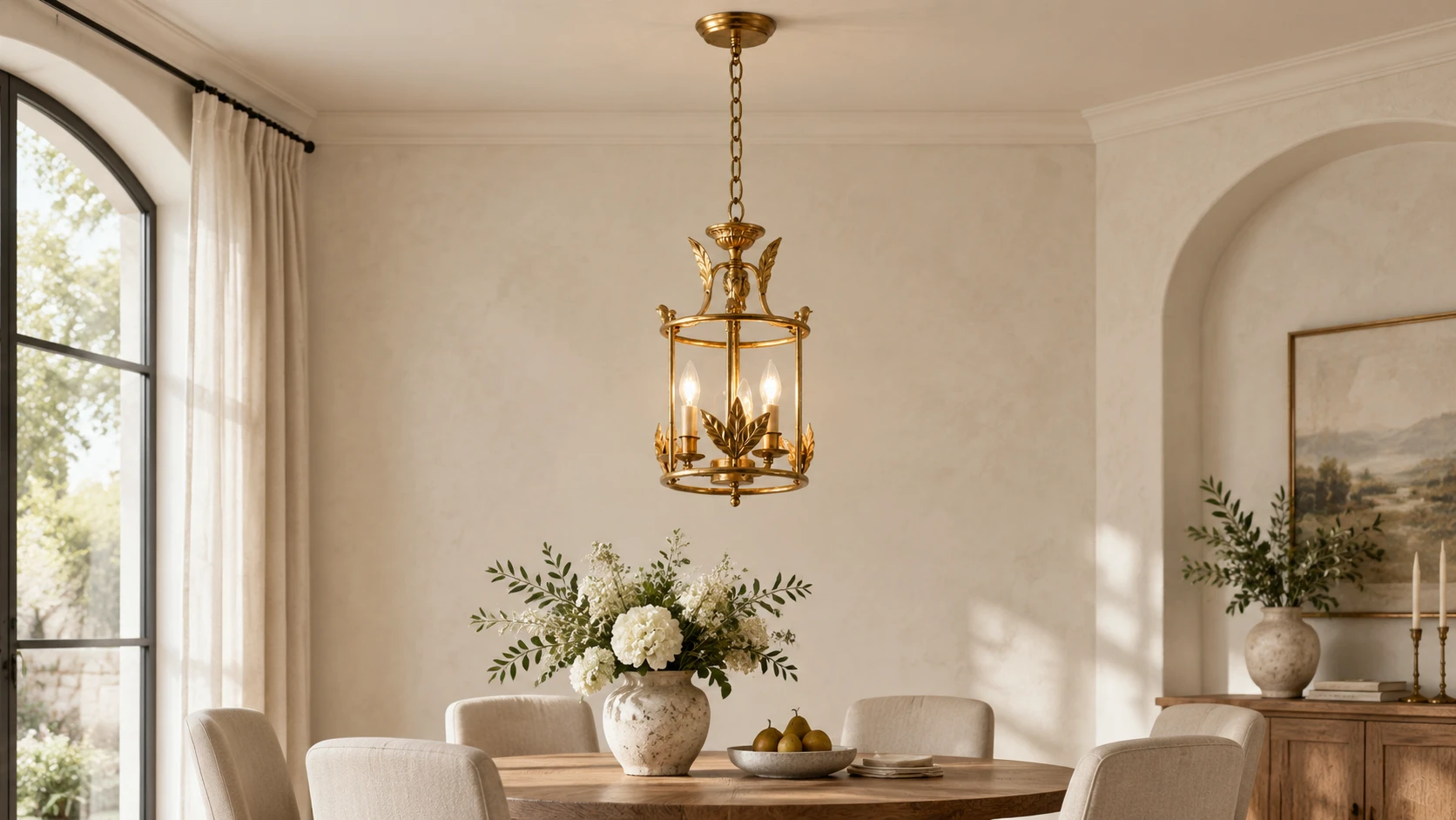 Margot three-light iron birdcage chandelier in a neutral dining room