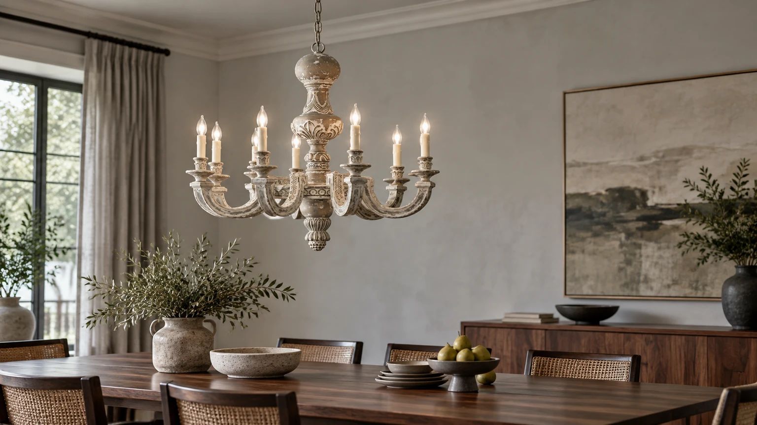 Eight-light carved wood chandelier above a dark walnut dining table in a cool light-gray plaster room