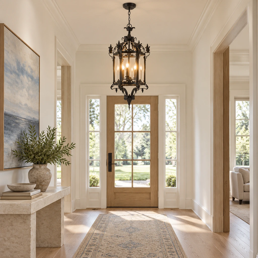 Celine small glass lantern chandelier in a bright entry foyer